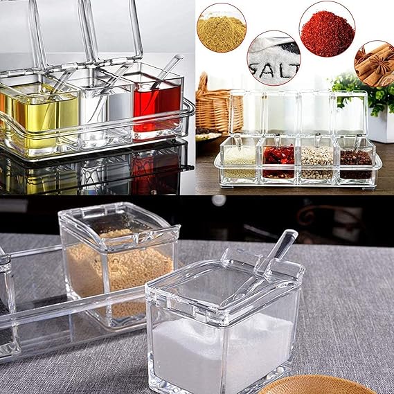 4 In1 Clear Seasoning Box Crystal Seasoning Storage Container With Spoon