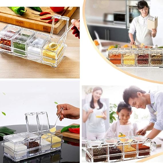 4 In1 Clear Seasoning Box Crystal Seasoning Storage Container With Spoon